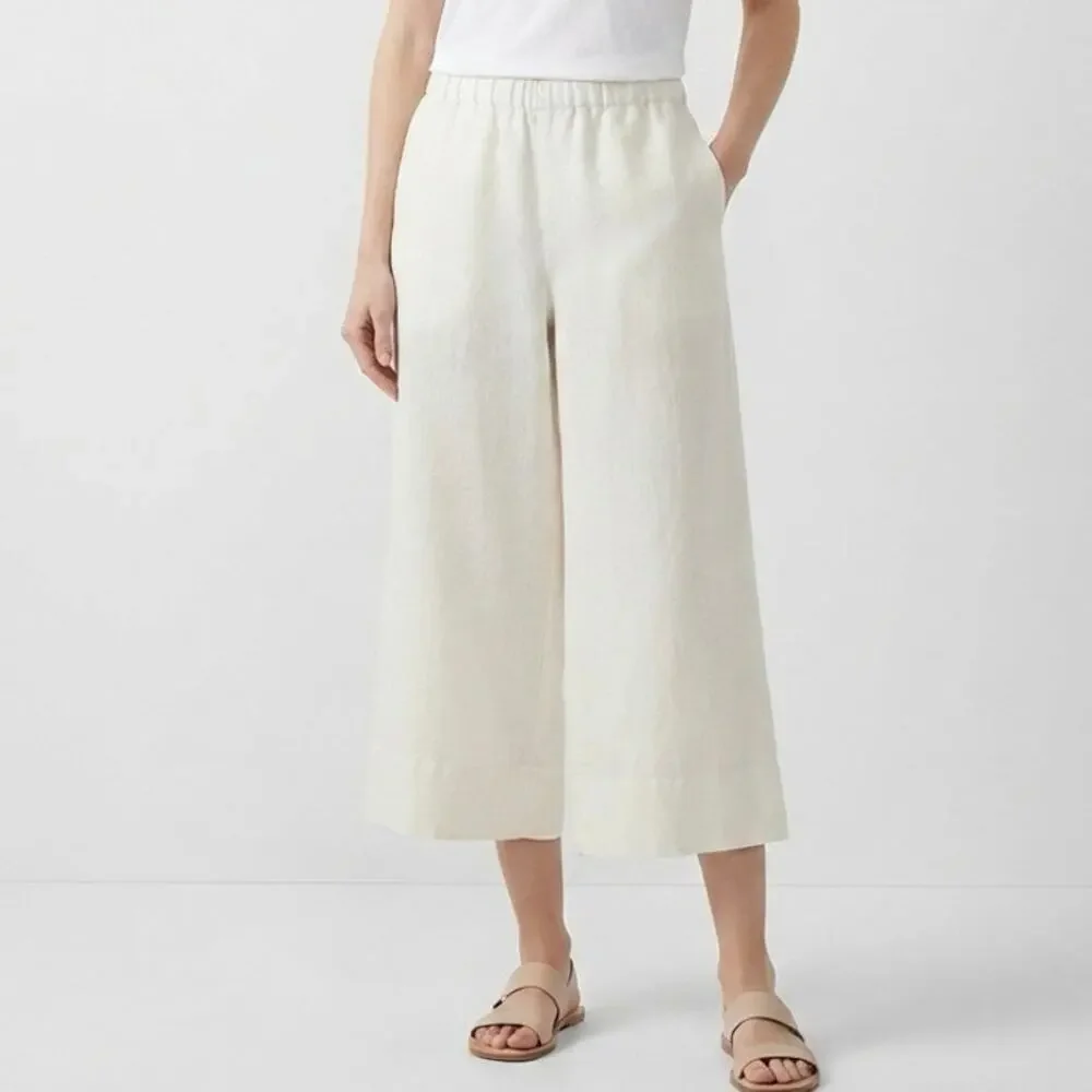 Banana Republic Off White 100% Linen Wide Leg Cropped Pants Fully Lined Size XL